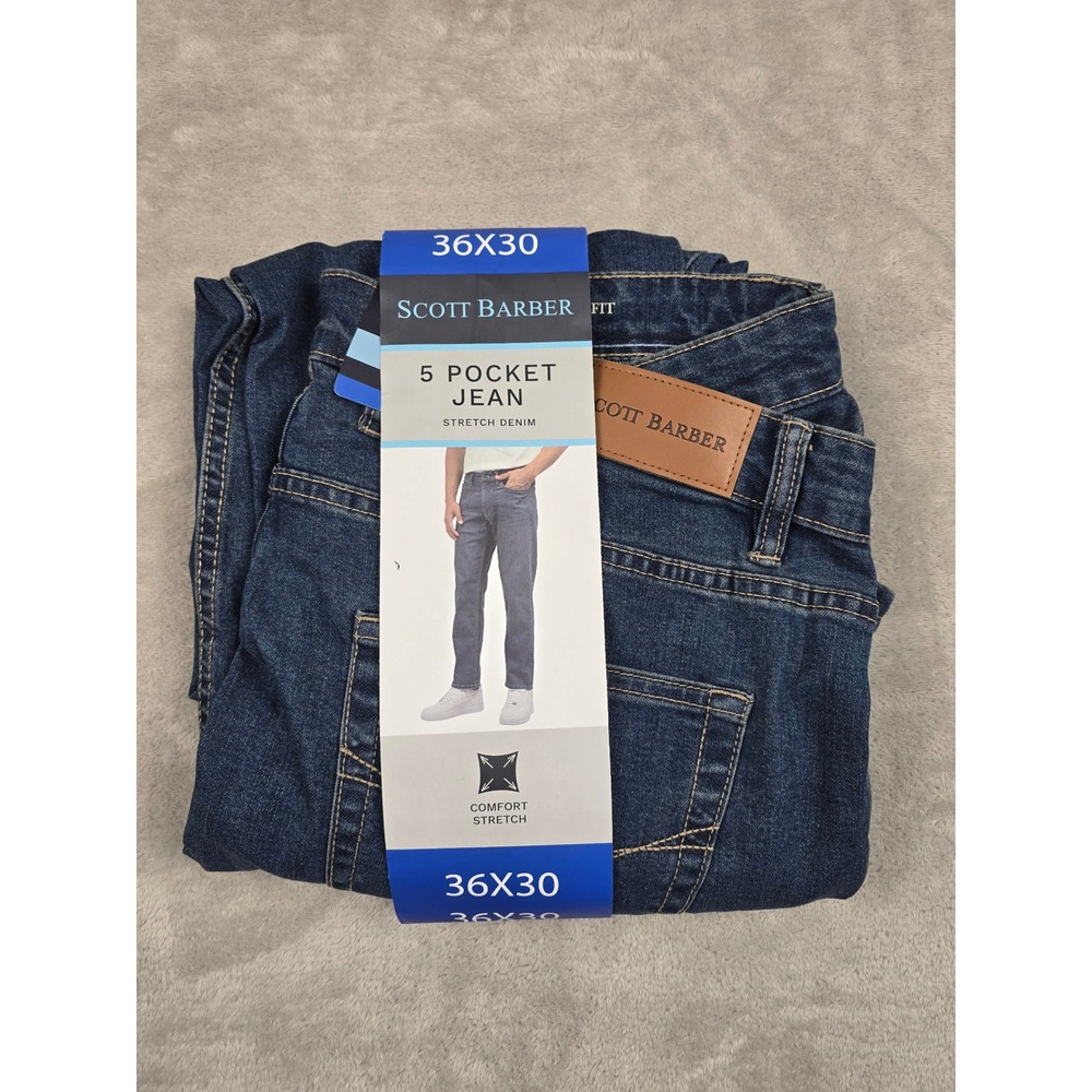 Scott Barber 5 Pocket Jean Mens 36x30 Blue Straight Fit Comfort Stretch Denim